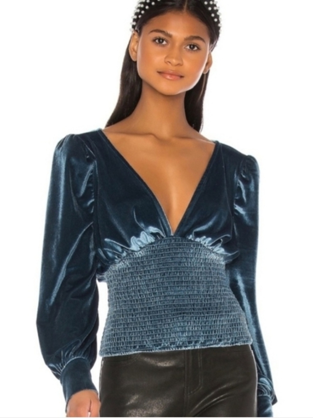 LPA Blue Velvet Smocked Top XS Puff Sleeve Pearl Button Cuffs Deep V Blouse image 4